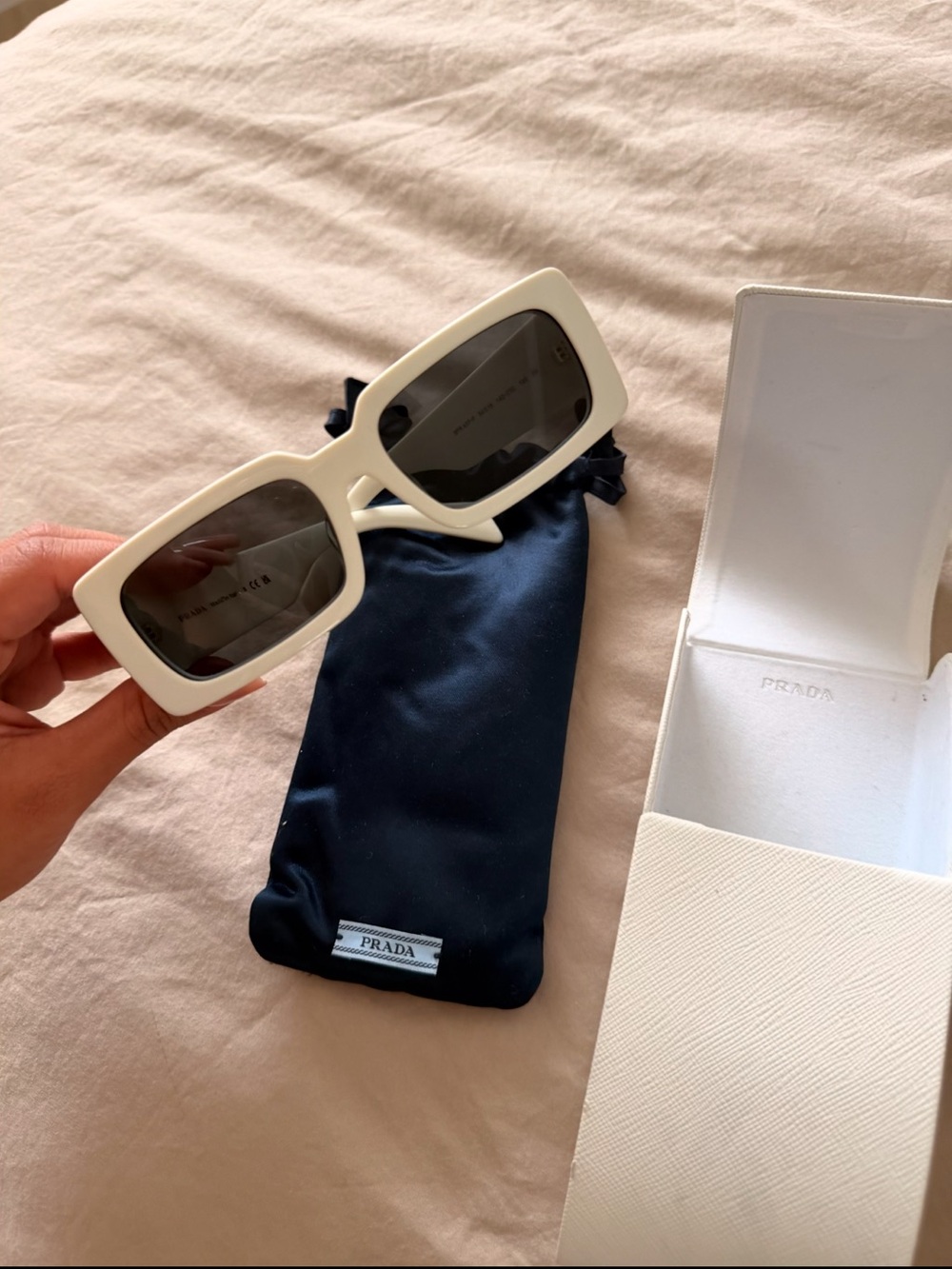 Prada White Sunglasses Case with Gold Logo and Navy Pouch - Picture 3 of 5